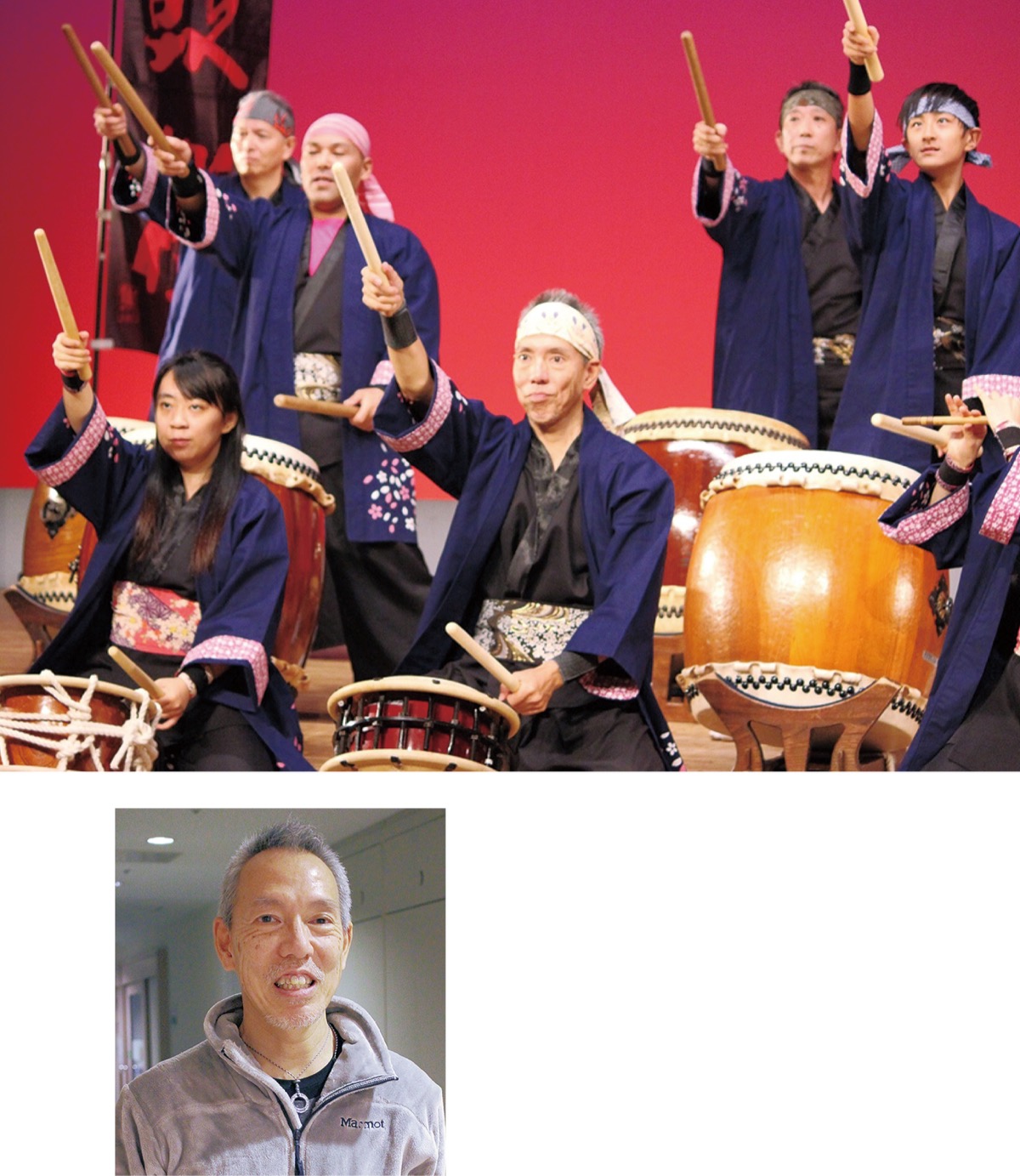 舞台で演奏する鼓桜（上）。代表を務める栗原さん