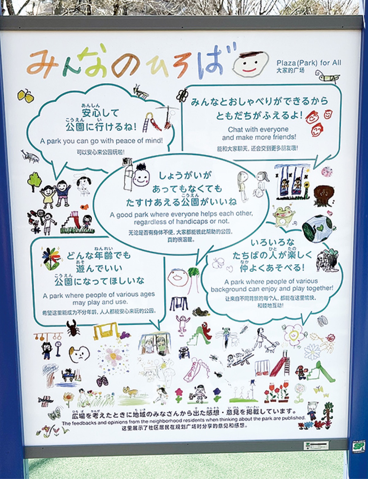 児童が描いたイラストがデザインされている案内板