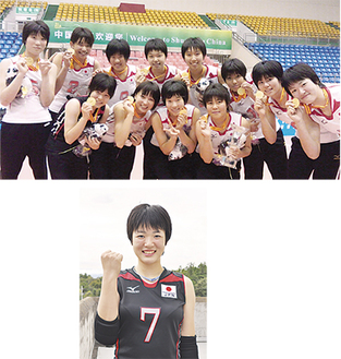 （上）金メダルを手に笑顔の代表メンバーと（右端）　　（下）日本代表の優勝に貢献した白井美沙紀さん