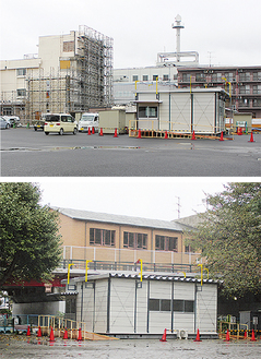 旧生涯学習センターには更地となった場所に（上）、工事中の桜丘学習センター（下）は隣地の富士見橋公園にそれぞれ仮設の投票所を建設して対応する