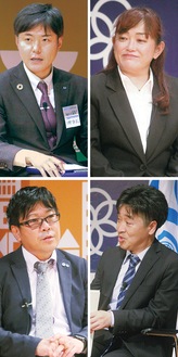 （写真左上から時計回りに）屋比久理事長、生松部長、清木氏、小島社長