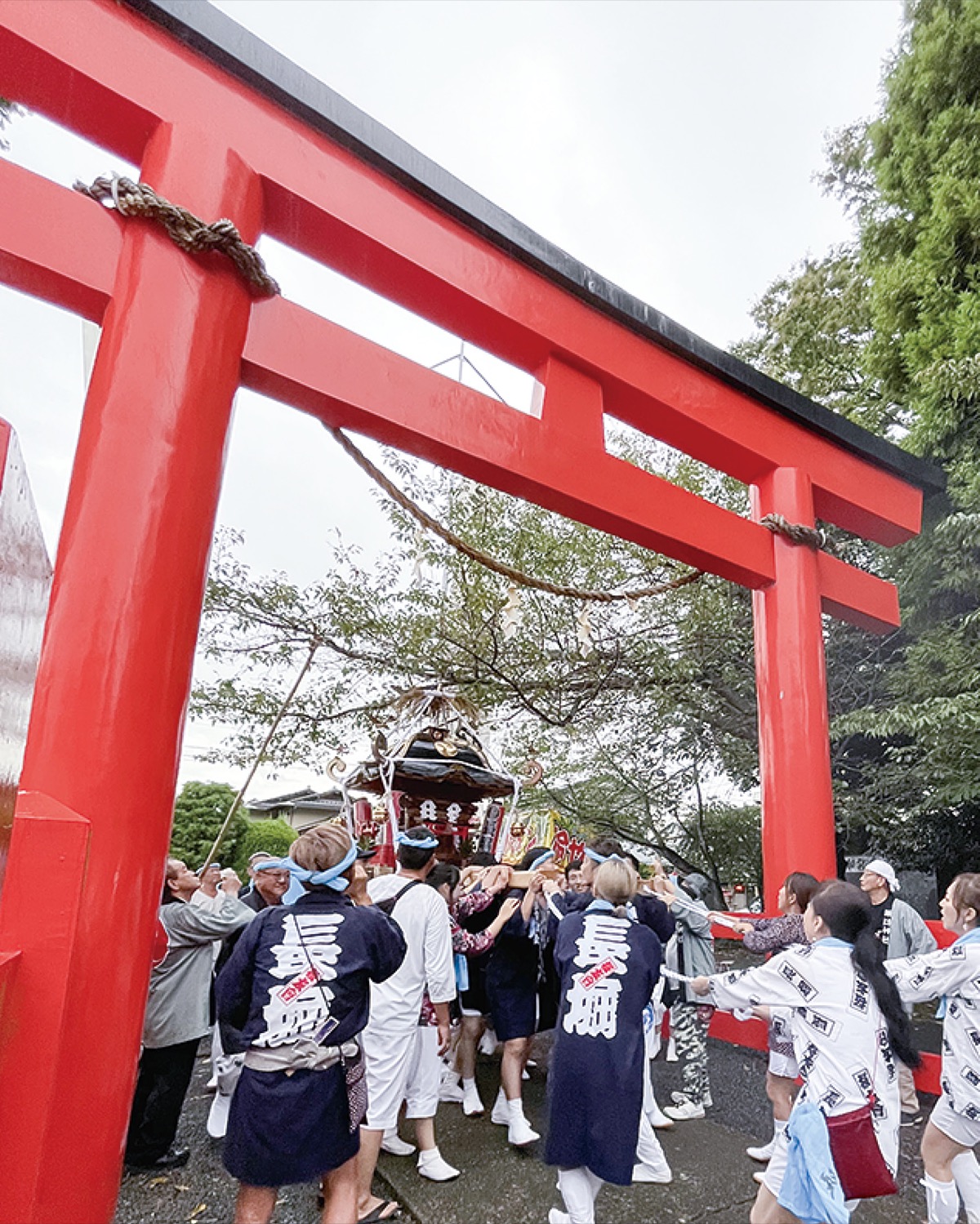神輿が朱色の鳥居くぐる