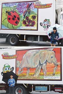 自身が描いた作品がプリントされたトラックを前にする鈴木さん（上）と加藤くん（下）