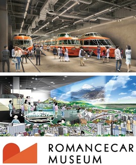 （上から）ロマンスカー車両展示イメージ、ジオラマパークのイメージ、ミュージアムのロゴマーク※いずれも小田急電鉄（株）提供