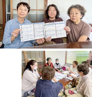 （上）「アンケートを参考にしてください」と呼びかける（左から）高木さん、橘代表、神崎さん（下）回答結果をまとめるメンバー