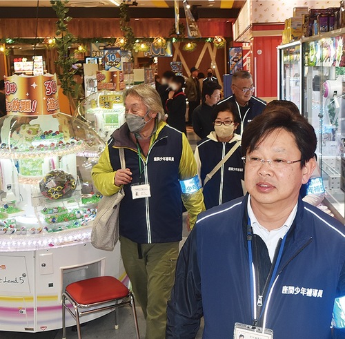 ゲームコーナーを歩く補導員