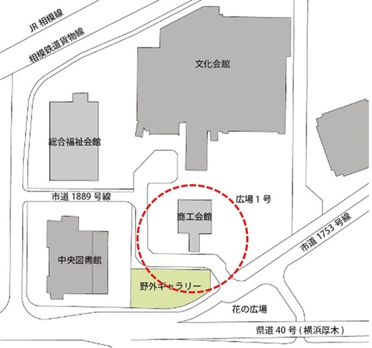 整備事業計画地、赤丸部分に複合施設の建設が予定されている＝提供・海老名市