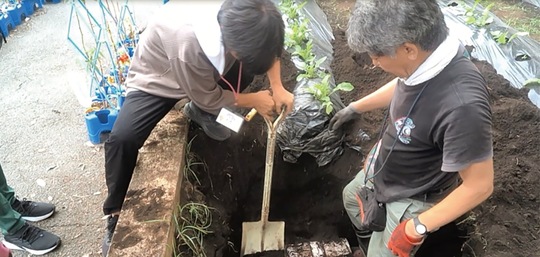 菜園に埋まっていた（同校提供）
