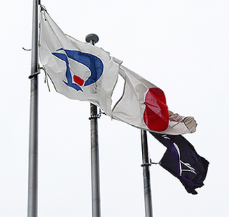 大仙市の旗（左）が掲揚された