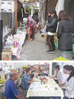 近隣住民が訪れるガレージセール（写真上）。昨夏には、宮城県東松島市の仮設住宅を訪問した（同下）