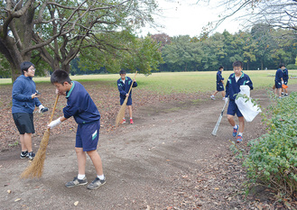芹沢公園の芝生広場を清掃する栗原中学校の生徒