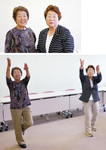 （上写真）講習会で講師役を務める民踊連盟の安本会長（右）と川崎副会長。（下写真）踊りのポイント「凧上げ」