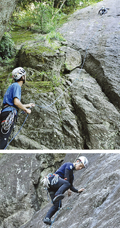 ㊤地上から指導する山田巡査部長　㊦ほぼ垂直の岩を登る北條巡査