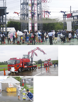 上）消防学校初任教育生の訓練披露／中）車両展示／下）ちびっこ消防隊（写真はすべて昨年・県総合防災センター提供）