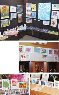 愛川町で展示中の作品。会場はたまのや（写真上）、オオヤ仏壇センター（右）、菓匠土門（右下）、花儀（左下）