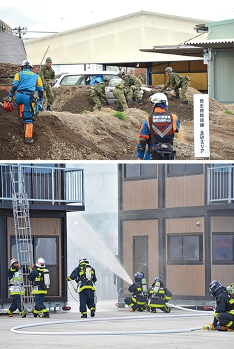 土砂災害や火災を想定した救出・救助訓練の様子
