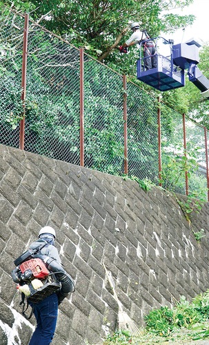 高所作業車を使って整備する作業員