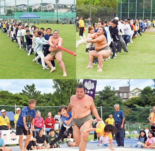 白熱した大綱引き（上）と力士と交流する子どもたち