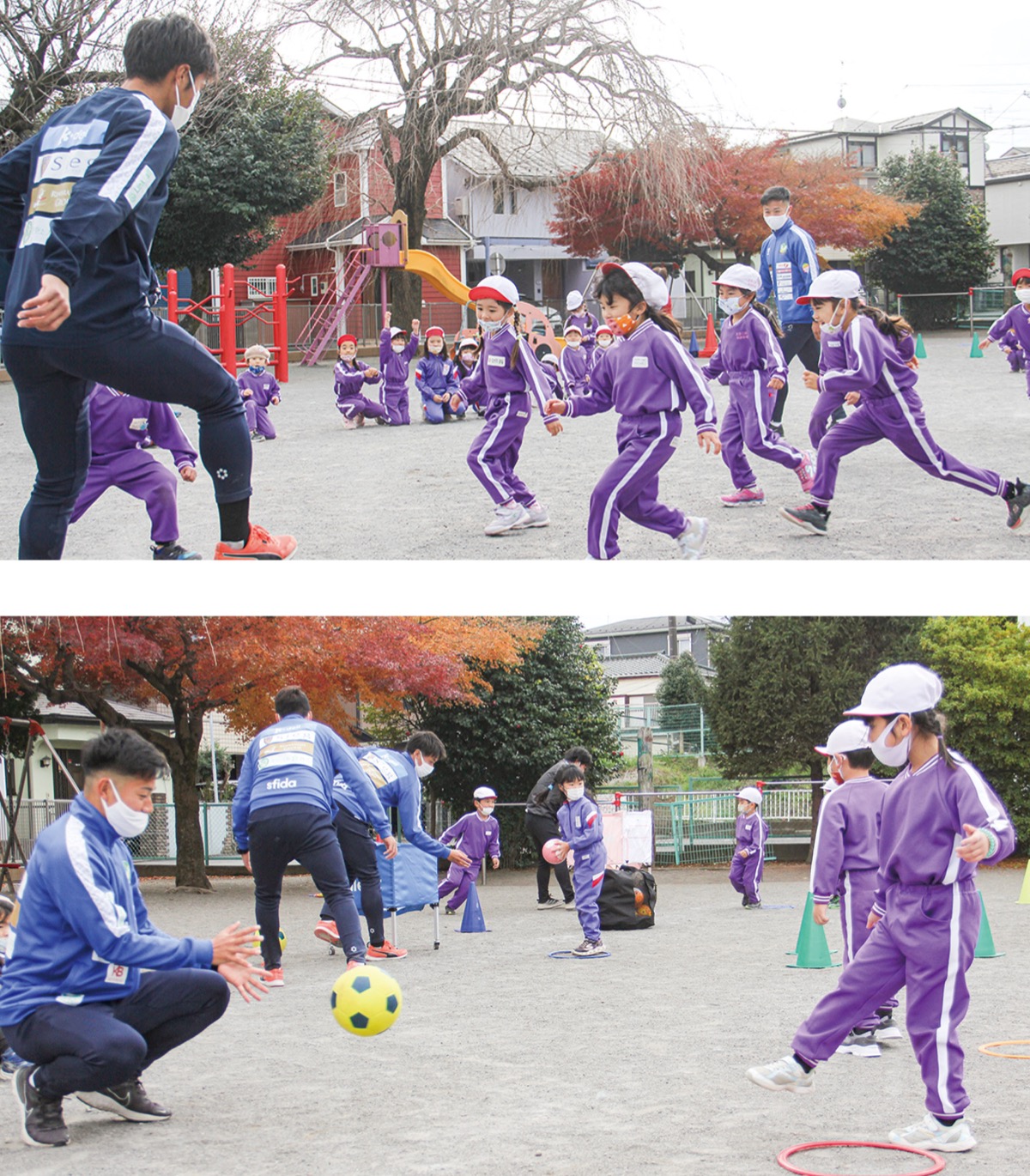 選手と一緒にボールに親しんだ