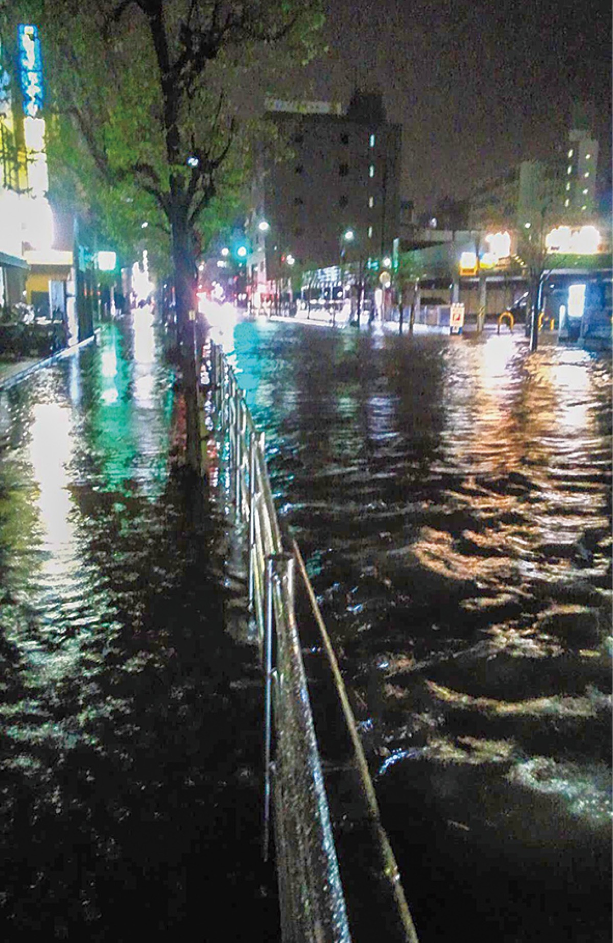 2013年4月の大雨で冠水した道（駅南口付近）