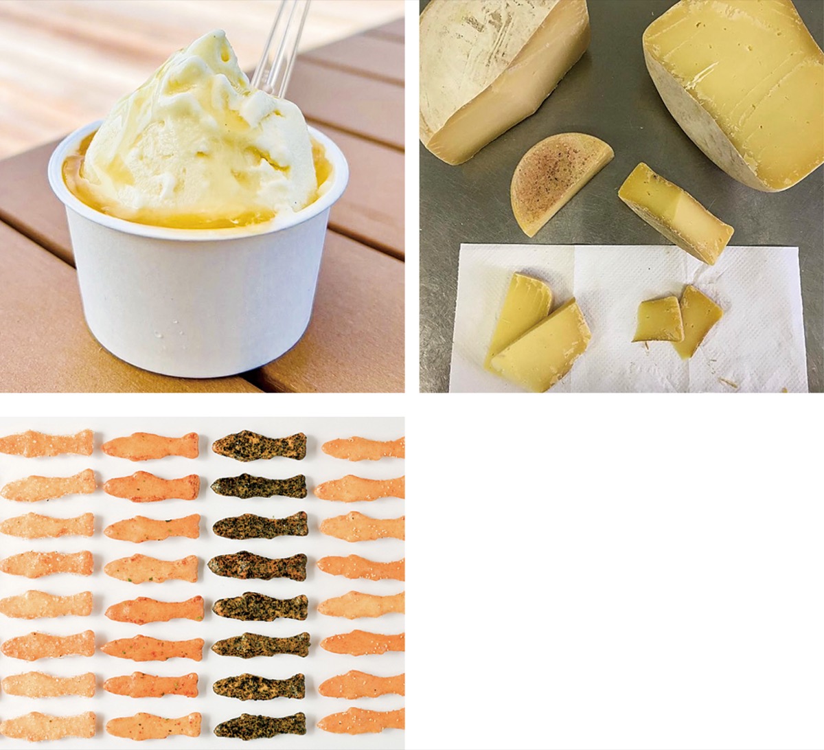 左上から時計回りにGＥＬＡＴＯ ７（ジェラート）、プリンス（チーズ）、若鮎あられ（お菓子）（いずれも厚木市提供）