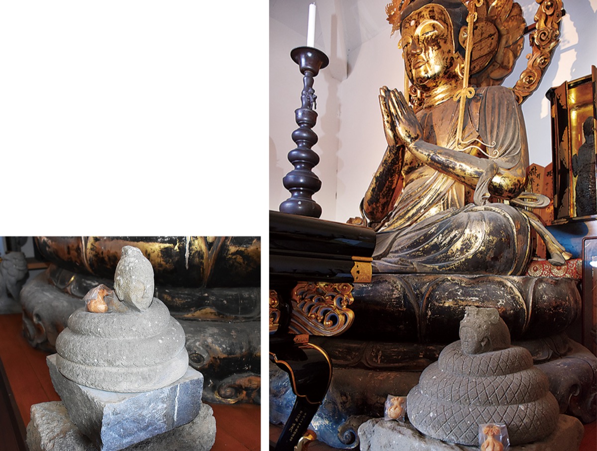 七沢観音寺の勢至堂に安置された宇賀神。一体は弁財天の顔を持ち（右）、もう一体は老人の顔