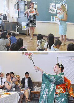 学校視察と歓迎会での日本舞踊披露の様子