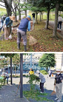 公園を清掃する板戸第一有志会（上）と桜台ゲートボールの会