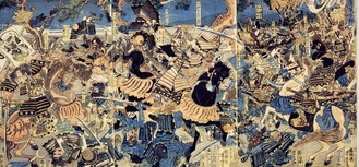 江戸時代の浮世絵に描かれた石田次郎為久が木曽義仲を討つ場面