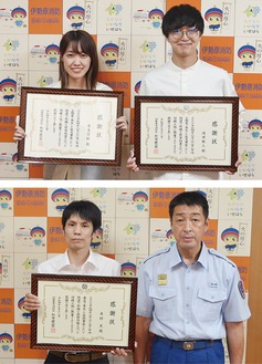 秀島さん（写真上左）と内田さん／本村さん（写真下左）と和田消防長