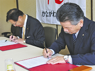 協定書にサインする笠間会長（右）と平松理事長（左）