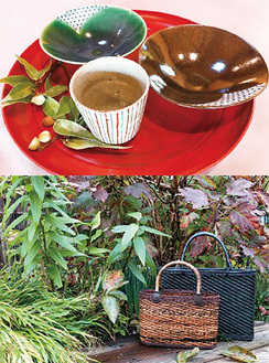 近藤さんのやきもの（上）と、長沼さんのかごバッグ（下）