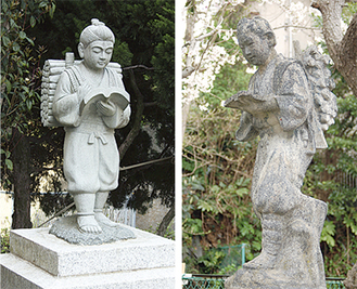 風化した跡が見られる大楠小の金次郎像（右）、逸見小の像の台座には「よい日本人になれ」と記されている