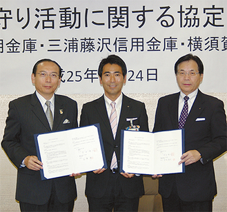 協定書に署名した（左から）石渡理事長、吉田市長、平松理事長（＝今月24日、市役所内）