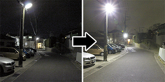 今回設置された高照度の防犯灯（右）と以前までの街路灯