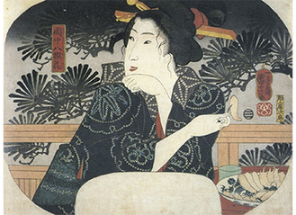 天ぷらを食す女性が描かれた江戸時代の団扇絵　　　　　　　　　　　　　　　歌川国芳「園中八撰花・松」