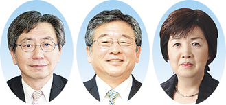 永妻和子（右）、田中茂両副市長と新倉聡新教育長