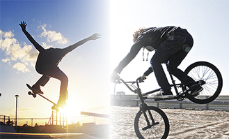 うみかぜ公園ではスケートボードとＢＭＸの愛好家が連日技を競っている