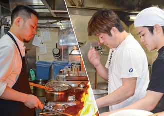 コラボ麺に挑戦する中島さん(左)と飯島さん(右奥)