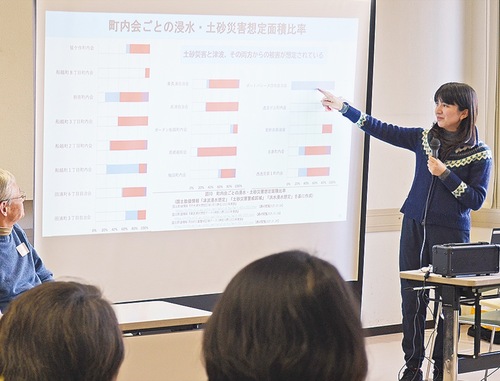 各町内ごとの災害リスク解説する三浦さん（右）