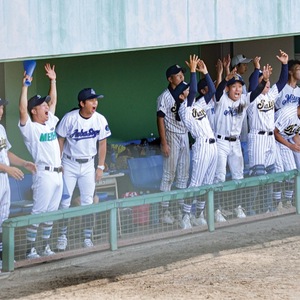 仲間のヒットに歓喜する「６校連合」のベンチ＝７月11日、小田原球場