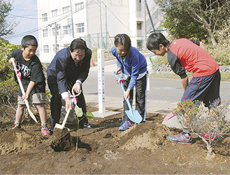 児童と苗木に砂をかける吉田市長