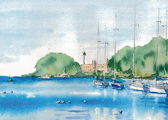 諸磯湾から臨む臨海実験所　   絵・日下部祥子