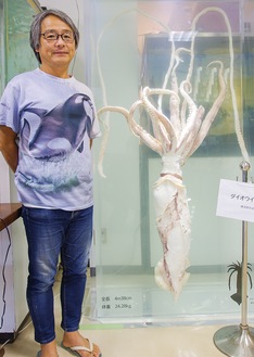 学芸部長の山田さんと展示の始まったダイオウイカの標本