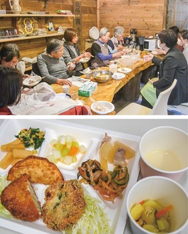 東岡区民会館で行われた試食会の様子（写真上）と、各自が持ち寄った大根やまぐろを使った料理