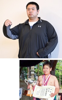 ガッツポーズをとる現在の新谷さん（上）と、「わんぱく相撲三浦場所」で優勝した小学６年当時の新谷さん（下）