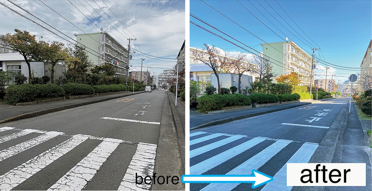 摩耗劣化していた白線を補修した横断歩道