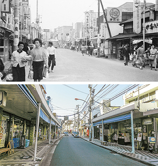 昭和40年代の逗子銀座通り（上）と現在（いずれも逗子市提供）