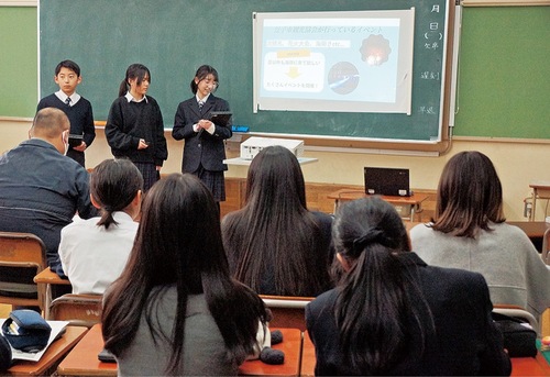 パワーポイントを使って発表する生徒