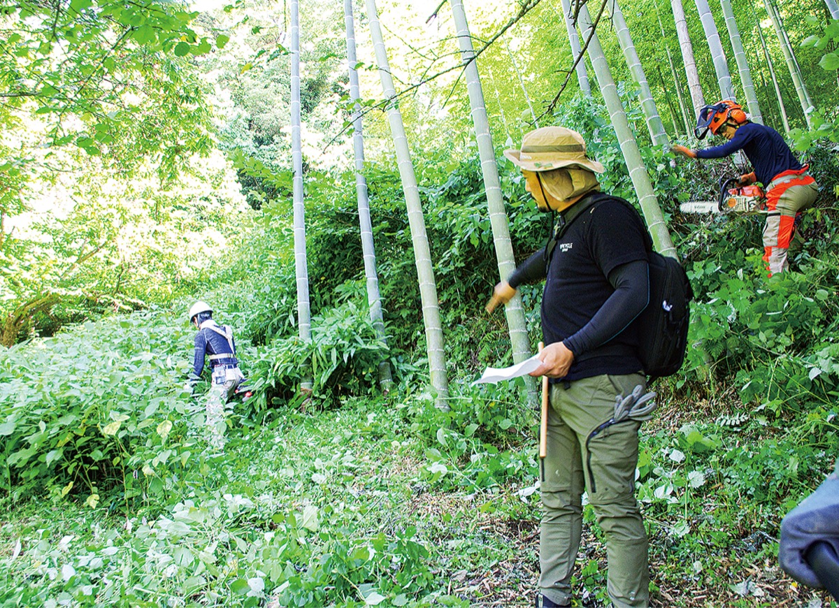 上山口の拠点に向かう道を整備するメンバーたち